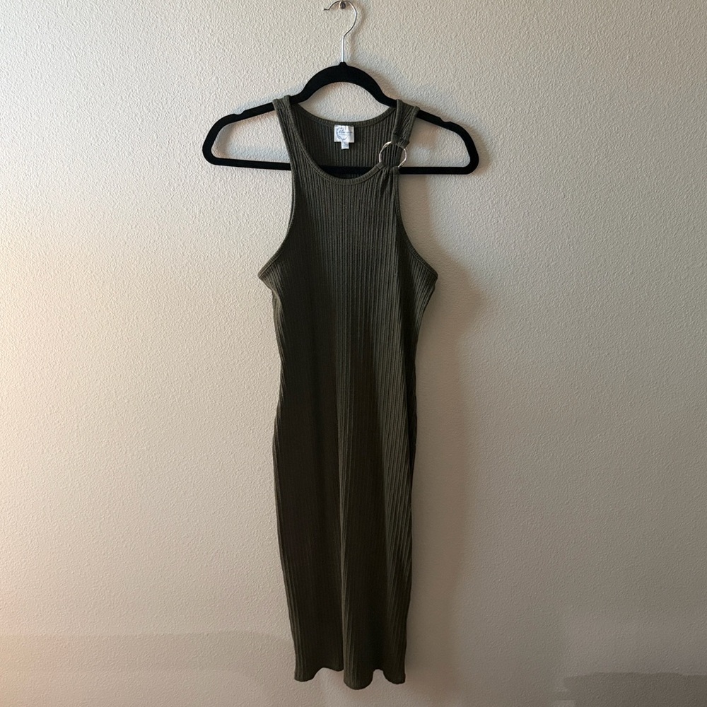 Olive Green Ribbed Midi Dress